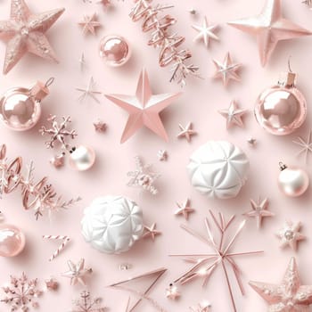 Symmetrical soft pink wallpaper with rose gold christmas decorations for luxury and romance