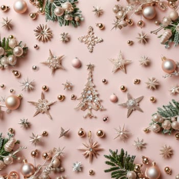 Elegant soft pink background with rose gold christmas decorations for a luxurious festive appeal