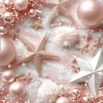 Elegant soft pink background with symmetrical christmas decorations in rose gold and white tones