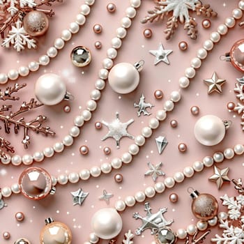 Elegant soft pink background with rose gold christmas decorations for a luxurious holiday aesthetic