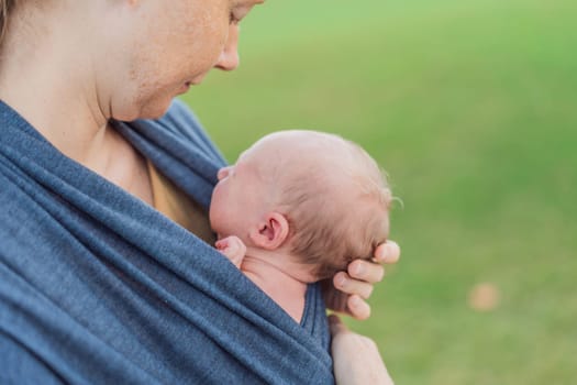 Mom walks with her newborn baby in a sling. This moment highlights the close bond between mother and child, promoting comfort, security, and the benefits of babywearing in everyday life.