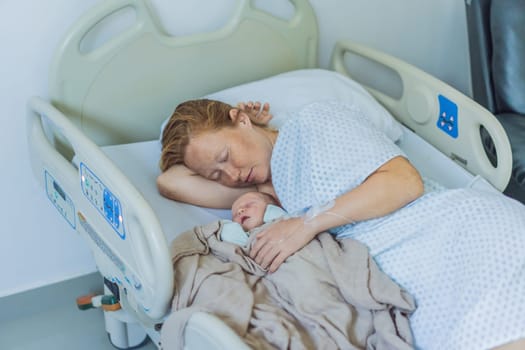 A baby lies with the mother after childbirth, resting peacefully. The serene moment captures the bond between mother and child as they begin their journey together. The hospital environment ensures a safe and comforting space for this intimate interaction.