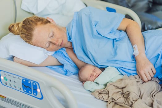 A baby lies with the mother after childbirth, resting peacefully. The serene moment captures the bond between mother and child as they begin their journey together. The hospital environment ensures a safe and comforting space for this intimate interaction.