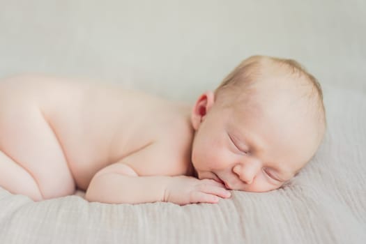 The baby is sleeping peacefully in his cozy nest. Newborn photo session captures the serene innocence and warmth of early moments.