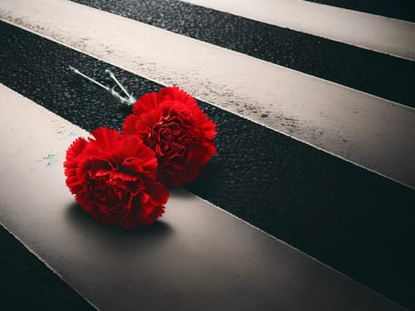 two red carnations on a pedestrian crossing, accident.