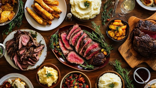 A warm and inviting dinner table featuring multiple steak cuts, roasted vegetables, creamy mashed potatoes, and freshly baked bread rolls. the table is set for a festive occasion with elegant plating and soft lighting.