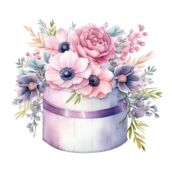 This arrangement features soft pastels with roses, anemones, and greenery, elegantly placed in a round decorative box, ideal for brightening any space.