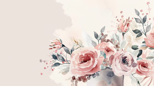 A beautifully arranged bouquet features soft pink roses and delicate flowers, illustrated with gentle brush strokes on a pale background, evoking tranquility.