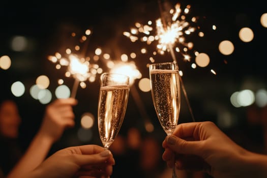 Two glasses filled with bubbles are raised in a toast, illuminated by sparkling sparklers, creating a joyful and festive atmosphere perfect for celebrations.