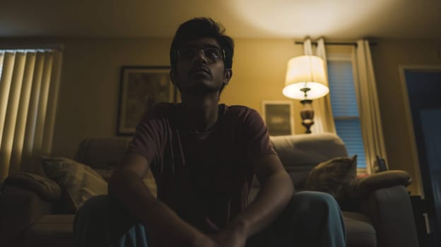 Young bangladeshi man in his early 20s sitting in a cozy living room during evening hours. the room features soft, warm lighting from a lamp, comfortable furniture, and wall art, creating a relaxed and serene atmosphere.
