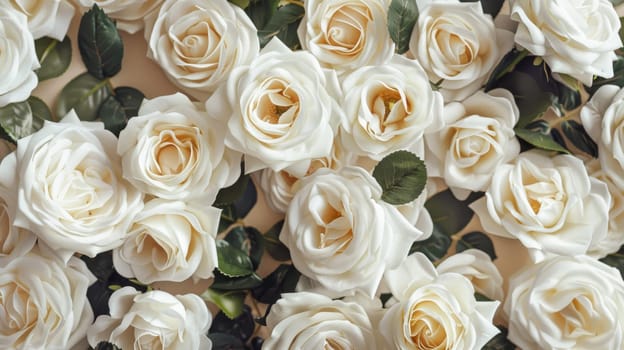 An elegant and timeless background featuring a beautiful arrangement of white roses with lush green leaves. the delicate petals and subtle gradients create a serene and romantic atmosphere, ideal for wedding invitations, greeting cards, or floralthemed designs.