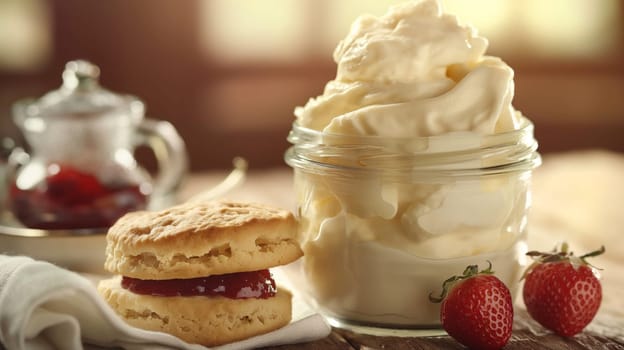 Fresh clotted cream in a glass jar accompanied by a biscuit with jam and fresh strawberries, set on a rustic wooden table. the soft, creamy texture and enticing appearance make it ideal for culinary presentations, breakfast promotions, and foodrelated designs.