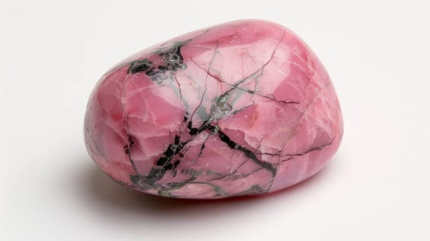 Detailed closeup of a single polished rhodonite gemstone, showcasing its striking pink hues with intricate black veining. perfect for illustrating concepts related to mineralogy, gemstone collections, and jewelry design. the clean, white background emphasizes its natural beauty and unique patterns.