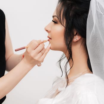 makeup artist paints the lips of the bride's girl with a pencil in a professional beauty salon