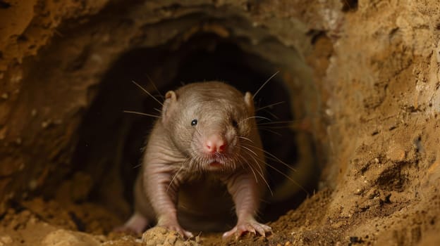 A closeup photograph of a naked mole rat exploring its underground tunnel. the mole rat, characterized by its hairless, wrinkled skin and small eyes, emerges from the tunnel surrounded by an earthy environment, its natural habitat.