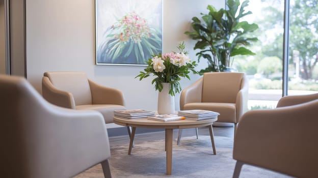 A contemporary dental clinic waiting area featuring stylish, beige chairs arranged around a minimalist round table. the setting includes a vase of fresh flowers and lush indoor plants, bathed in natural light from large windows, creating a serene and inviting environment.