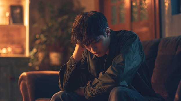 Young korean man seated on a couch in a thoughtful or reflective mood. the setting appears to be indoors during the evening, with warm, soft lighting enhancing the introspective atmosphere. suitable for emotional, psychological, and contemplative themes in stock photography.