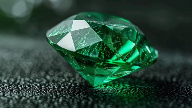 Closeup of a polished emerald gemstone showcasing its intricate facets and rich green color. ideal for use in jewelry design visuals, decorative posters, ecommerce product displays, and highresolution wallpapers.