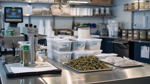 Modern cannabis packaging station featuring neatly organized containers of different sizes, measuring equipment, and assorted cannabis products. the clean and welllit workspace includes a digital scale and provides an efficient setup for cannabis inventory management.