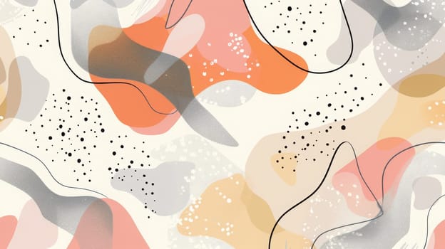 Abstract art featuring a neutral beige base with fluid shapes in shades of orange, gray, and beige. the design is accentuated by black dotted patterns and flowing, curvy lines, adding a dynamic yet harmonious composition ideal for print, cards, and posters.