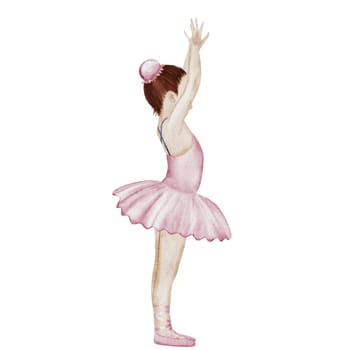 Ballerina watercolor. Hand drawn incredible girl dancer in pink tutu skirt. Clip art on isolated white background of cute ballet beauty. Perfect for poster and cards, princess daughter room design. High quality illustration