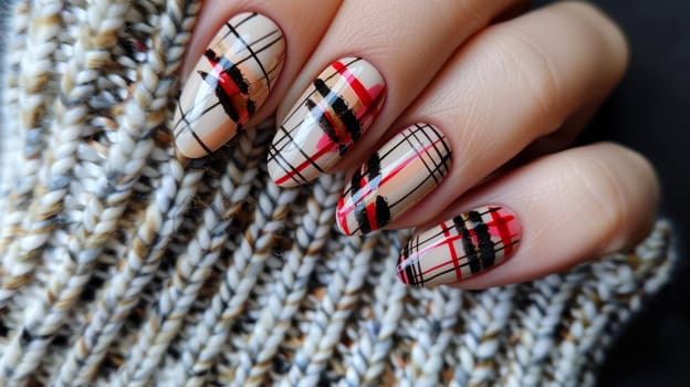 A detailed closeup of manicured nails featuring a chic plaid design in red, black, and beige. the nails are set against a backdrop of a cozy knit sweater, a perfect combination for autumn fashion and seasonal style inspiration.