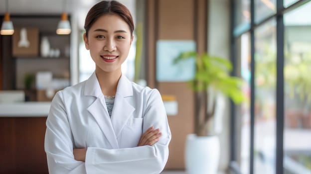 A young female doctor of east asian descent standing confidently in a modern medical facility with her arms crossed, smiling warmly. the well-lit background includes contemporary decor and a large window, creating a welcoming and professional atmosphere.