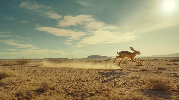 Jackrabbit captured midsprint across a flat, arid desert terrain under a clear, blue sky. the image highlights the agility and speed of the jackrabbit, set against a backdrop of sparse vegetation and distant mountains, emphasizing the vastness of the desert.