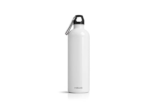 Blank white metal sport bottle mockup, isolated, front view,3d rendering. Empty aluminum can with clip mock up. Clear trip container with liquid. Fitness or tourism flask template.