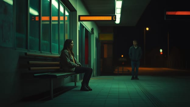 A woman sits alone on a bench at a dimly lit, latenight bus station, with a man standing in the background. the scene captures a quiet, urban atmosphere, highlighted by fluorescent lighting and empty space, amplifying the feeling of solitude and stillness.