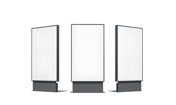 Blank white pylon mock up set, isolated, 3d rendering. Empty street banner mockup, front, left and right side view. Clear outdoor screen for advertising. Digital signage template.