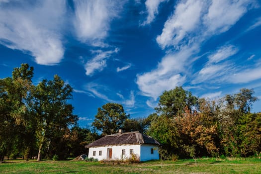 Traditional rural house with a thatched roof is nestled in a peaceful countryside surrounded by trees and greenery.