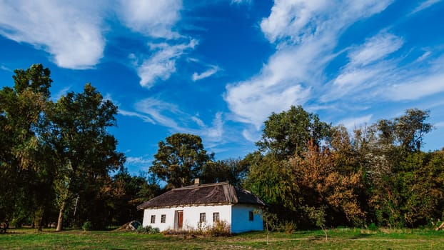 Traditional rural house with a thatched roof is nestled in a peaceful countryside surrounded by trees and greenery.