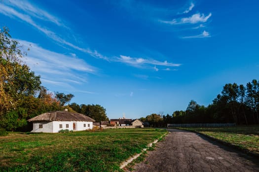 Peaceful rural scene featuring a traditional thatched-roof house and a wide open road under a vast blue sky. The whitewashed house stands out against the greenery of trees and fields, creating a picturesque countryside setting.
