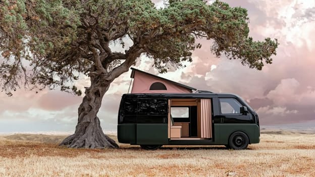 Black camper van parked in a field at sunset, doors open to a cozy wooden interior, creating a peaceful atmosphere for mobile living in nature