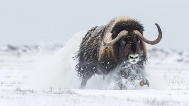 Majestic musk ox charging through a snowy tundra with its thick coat and impressive horns. capturing the strength and raw beauty of wildlife in harsh winter conditions, perfect for nature enthusiasts and winterthemed decor.