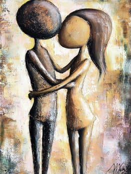 Painting of a couple of kids embracing, showing love, tenderness, care and affection. Perfect for themes like childhood, friendship, family and diversity