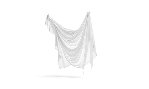 Blank white folded fabric hanging on corners mockup, no gravity. High quality photo.