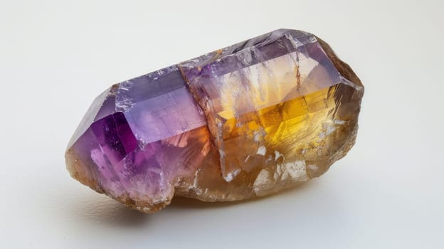 Highresolution closeup photograph of a single polished ametrine gem displaying vivid purple and yellow hues. the gemstone is shown in a crystalclear quality, perfect for use in design, print, card, and poster applications.