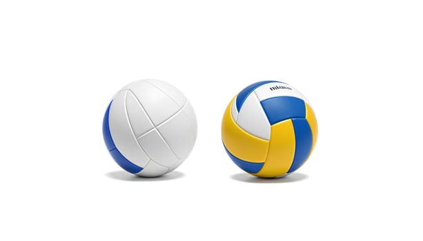 Blank white and colored volleyball ball mockup set, isolated, 3d rendering. Empty voleybal circle mock up. Clear beach playing team. Innings or block in professional volleyball template.