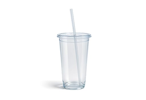 Blank white transparent acrylic tumbler with straw mockup, isolated, 3d rendering. Empty cup with tube mock up. Clear take away container for drink. Plastic traveler mug for beverage template.