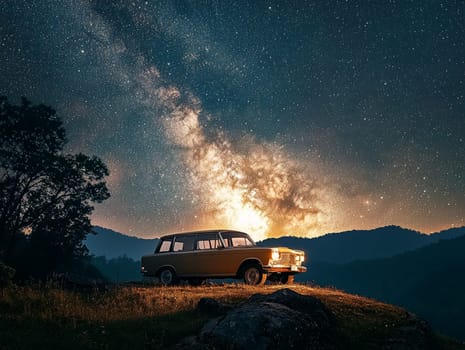 An old, rusted car sits alone on a hillside, surrounded by nature. The vibrant twilight sky is filled with stars, creating a stunning contrast with the vehicle's decay.