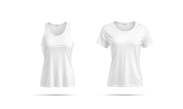 Blank white women t-shirt and tanktop mockup, front view. High quality photo.