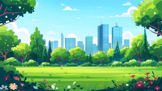 Vibrant and serene city park illustration in a flat minimalist style, featuring lush greenery, colorful flowers, and tall skyscrapers in the background. ideal for use in posters and prints showcasing urban nature and outdoor recreation.