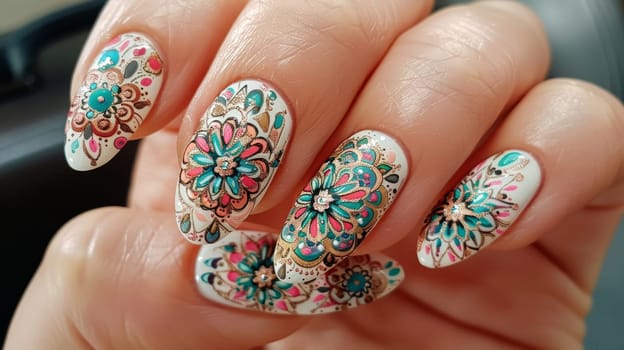 Nails adorned with an intricate mandala design in vibrant colors. each nail showcases detailed patterns in turquoise, pink, and gold, artistry and elegance, ideal for beauty, nail art, and fashioncentric visual projects.
