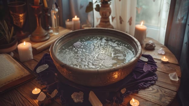 Mystic water scrying ritual setup featuring a large bowl filled with water, surrounded by lit candles and various crystals. the scene is illuminated by soft candlelight, creating a serene and mystical atmosphere suitable for meditation and occult practices.
