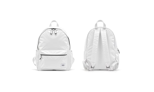 Blank white backpack with zipper and strap mockup, front back. High quality photo.