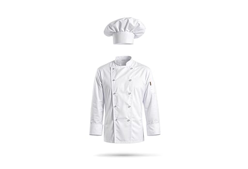 Blank white chef hat and jacket mockup, front view. High quality photo.