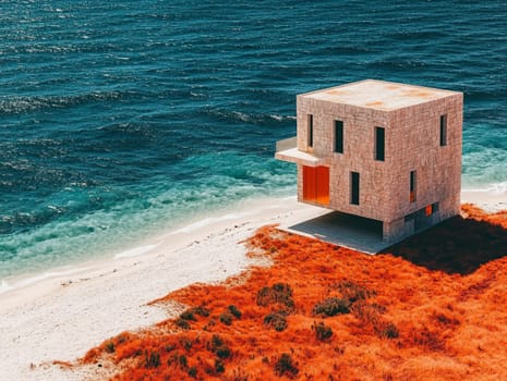 Modern concrete house on a white sand beach, with a peaceful ocean view