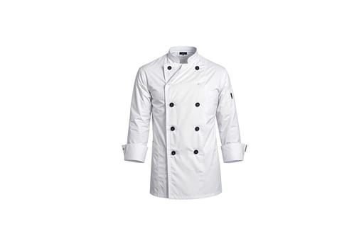 Blank white chef jacket with buttons mockup, front view. High quality photo.
